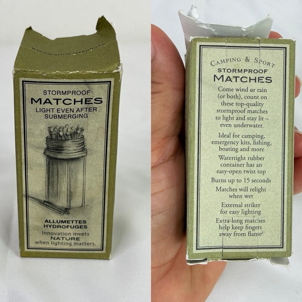 Restoration Hardware Storm proof Matches In Container And Box, camping, hiking
